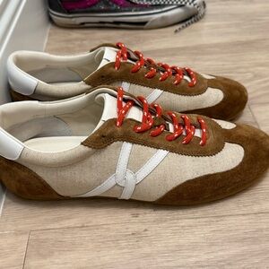 Veronica Beard Brown and Cream Sneakers with Red Laces